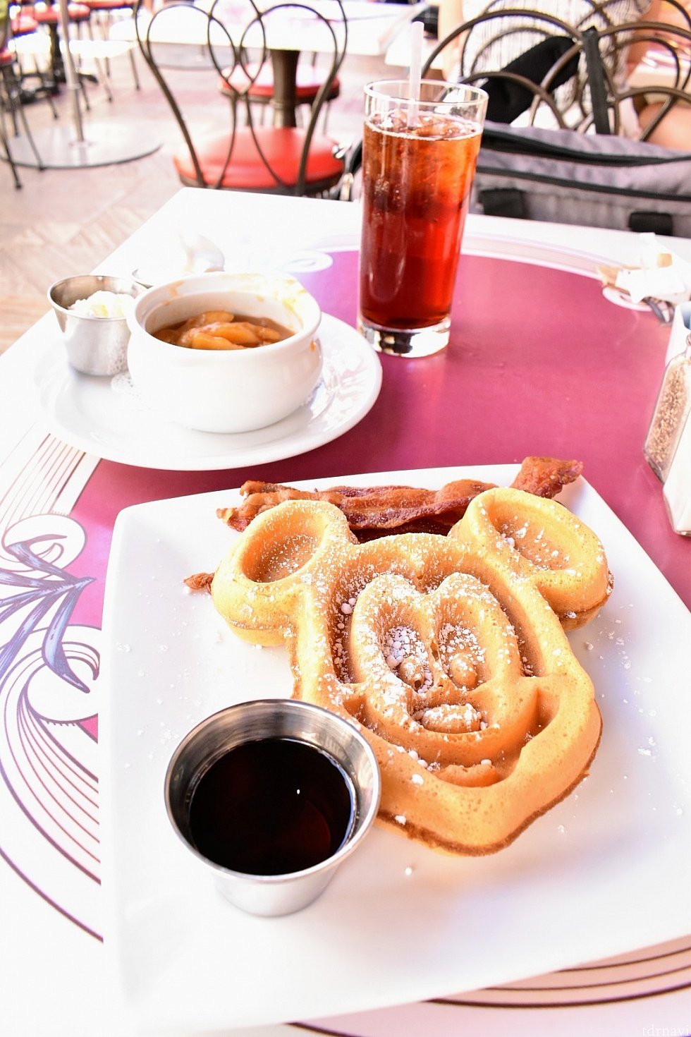 Mickey-shaped Waffle with Apple or Strawberry Topping $13.00