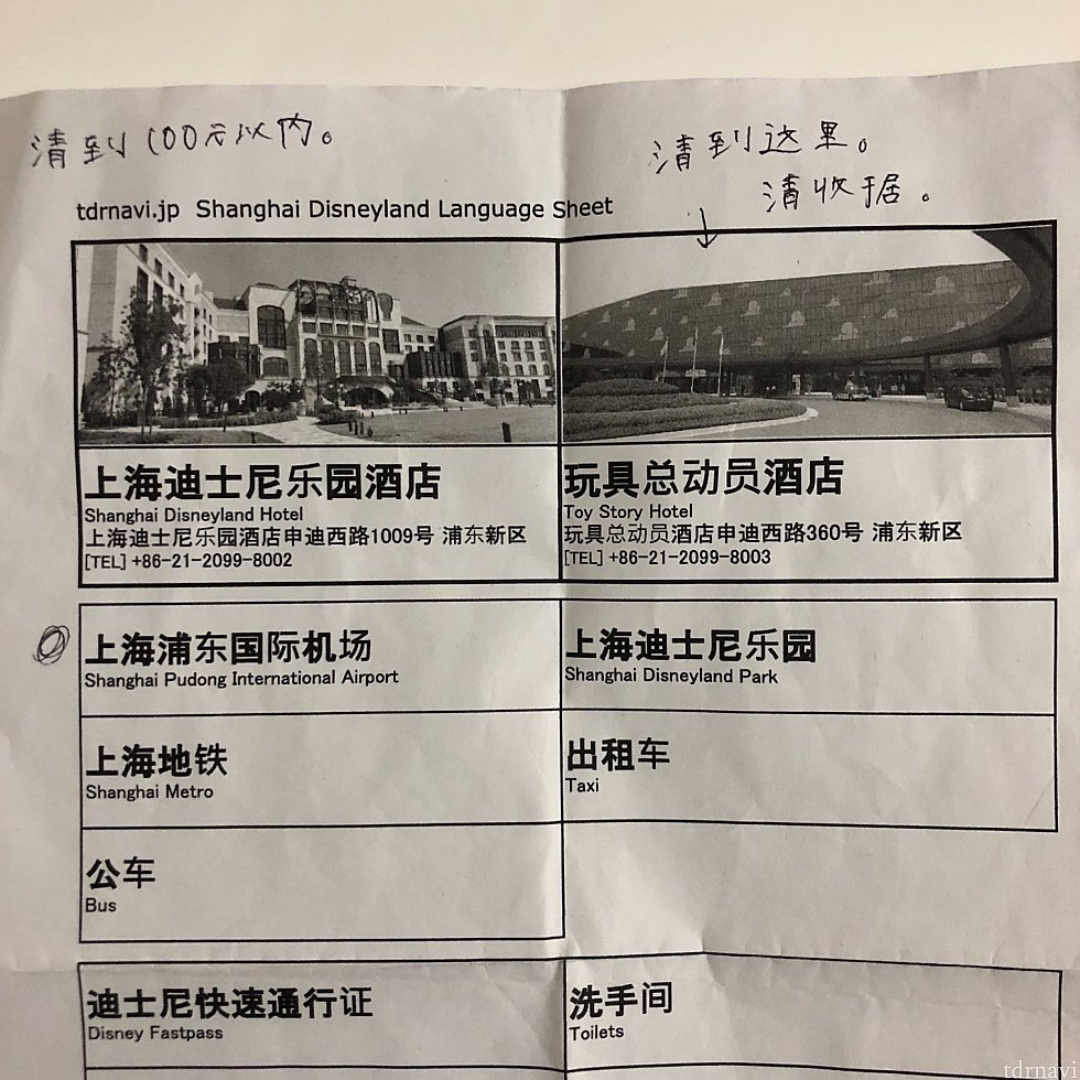 tdrnaviの指さし中国語シートに中国語でメモしておきました。