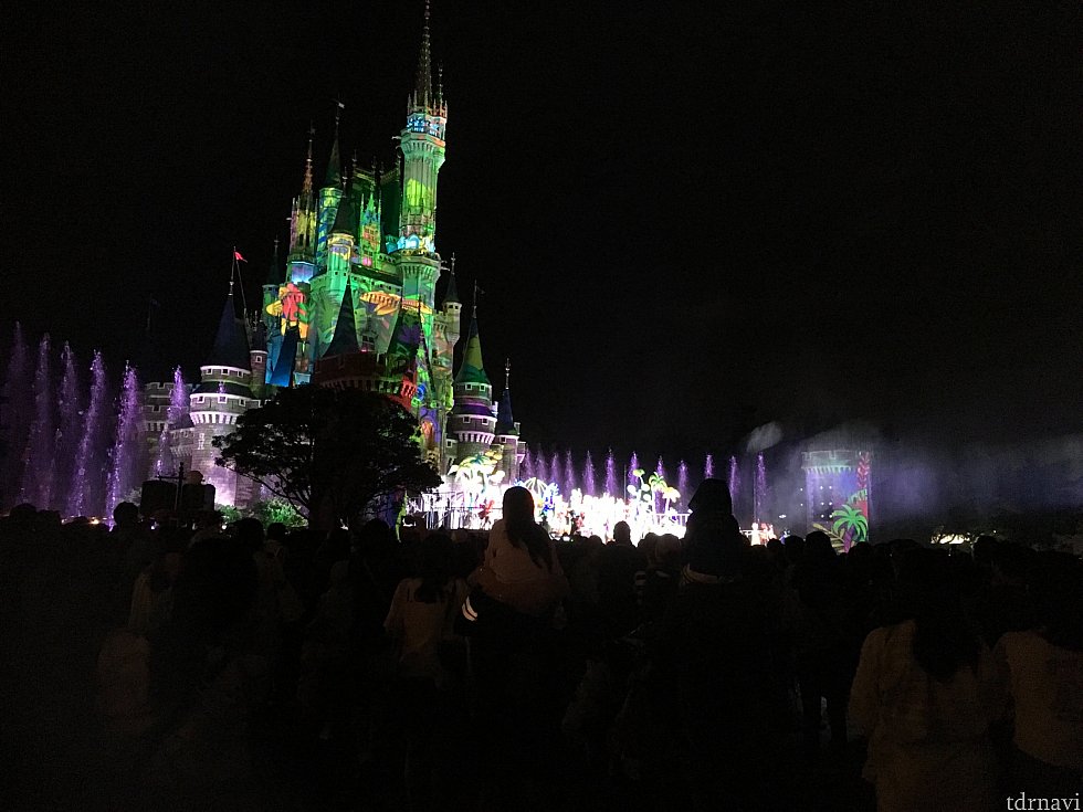 近くで見るとキャラクターばかり気になってしまいますが、遠目から見ると奥の噴水やお城のプロジェクションマッピングも楽しめますよ