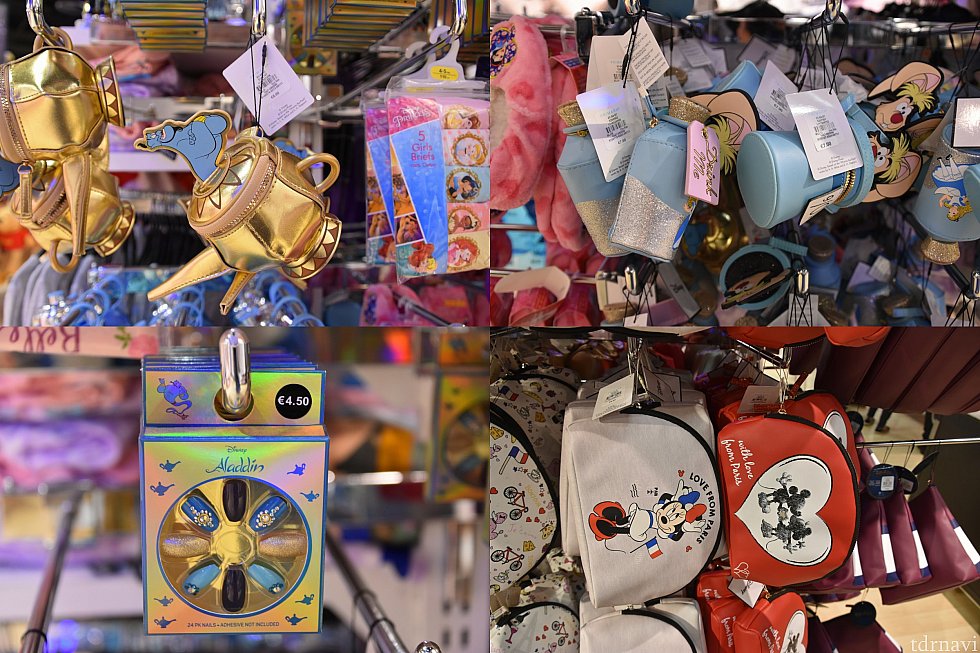 左上 ジーニーのランプ型ポーチ 8€
左下 ネイルチップ4.5€
右上 アリスのポーチ7€
右下 ポーチ 6€ パリ柄も