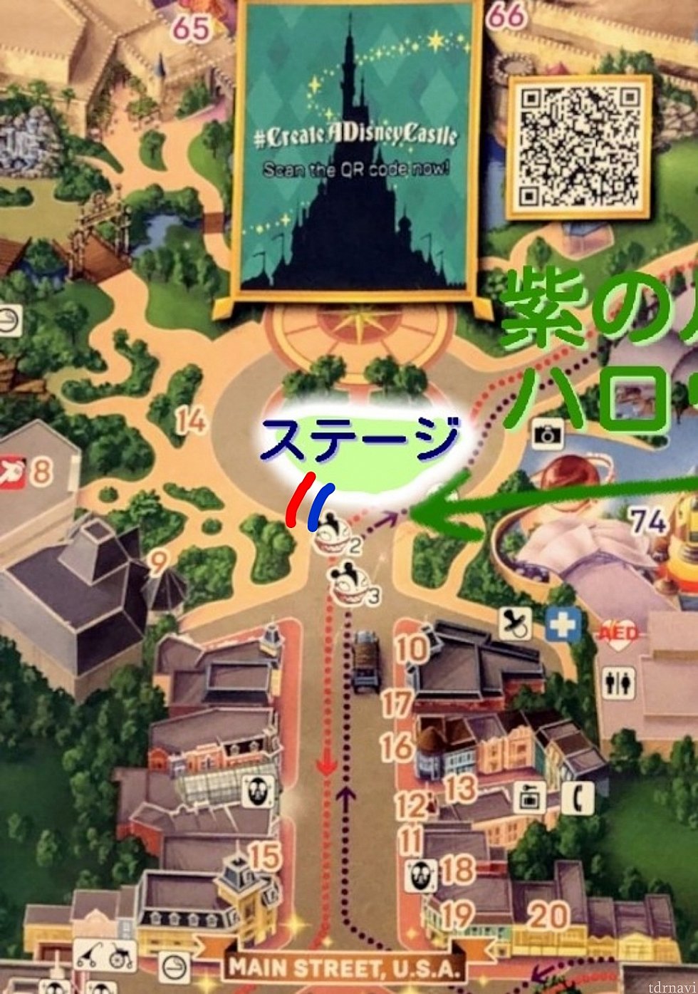 フライトオブファンタジーパレードであれば青のラインで場所取りができますが、ハロウィンパレードは先頭が赤のラインまで下がってました。
赤のラインはざっくり引いてるので正確ではないですが、場所取りするときは注意してください。メインストリートを進んでくるフロートが見えにくいかも。