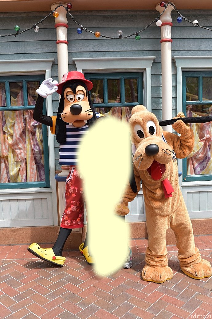 犬コンビはとっても元気で優しかったー!
グーフィーの足元はクロックスでカジュアルがお似合い!