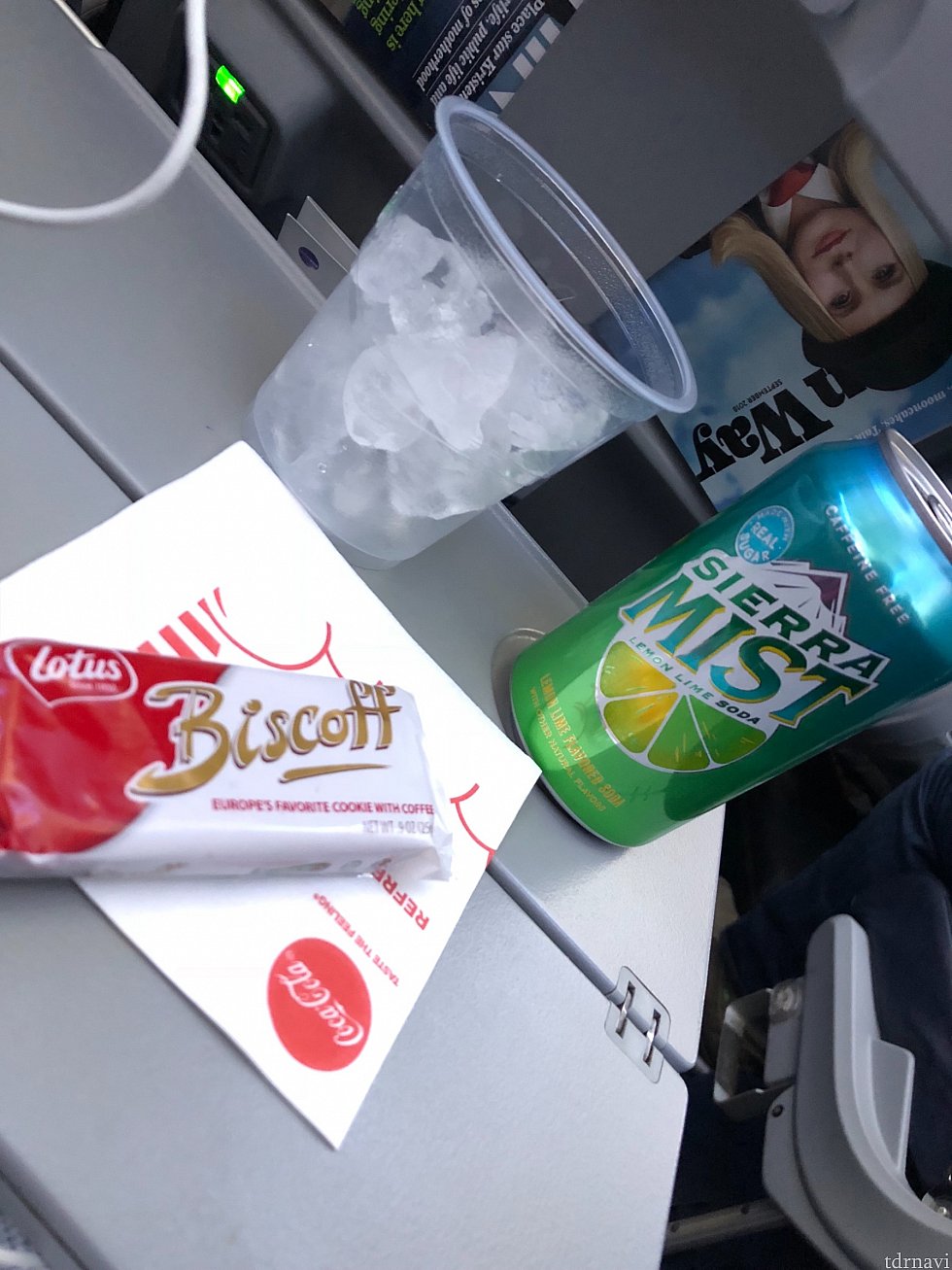 復路のアメリカ国内線
往路では爆睡していましたがクッキーを机の上に置いておいてくれました
