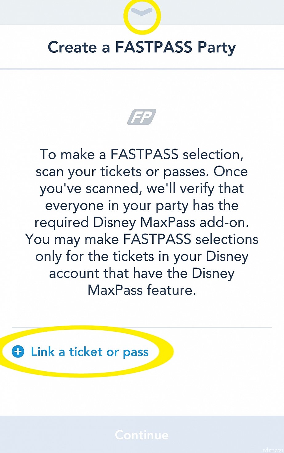この画面になるので、上の『∨』か下の『Link a ticket or pass』をタップ