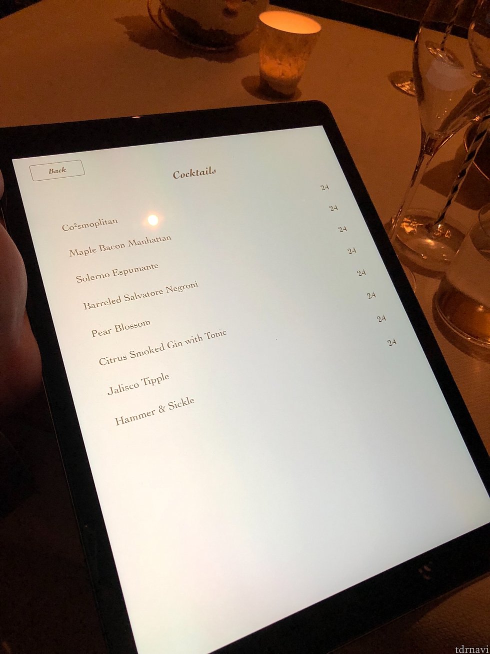 先ずはアルコール類の注文。やっぱり普通のレストランの倍額です。iPadをクリックするとドリンクの詳細を見ることが出来ます。また、ここの載っている以外のどんなカクテルでも作ってくれるそうです。その他ワインの種類も豊富だとか。