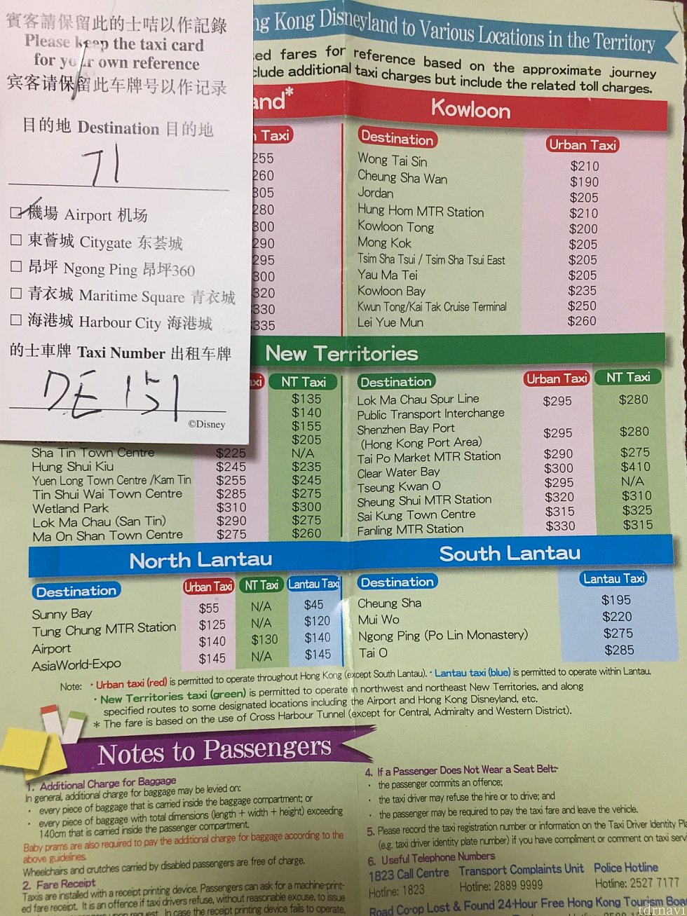 ランドホテルからタクシーに乗るとき、パンフレットの1ページをちぎったような紙とタクシーカードをもらいました。空港までは130-140HKDが目安のようです。