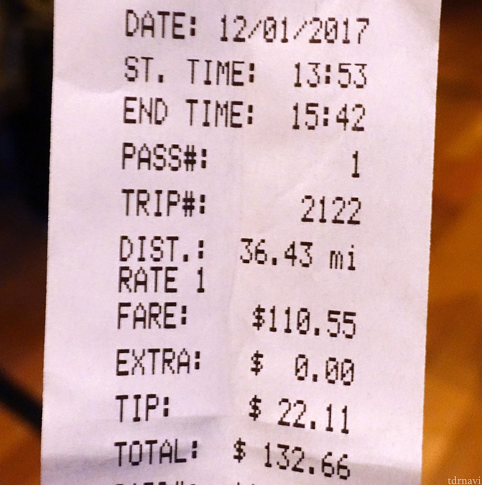 レシートがこちら。
走行距離は、36.43マイル(58.63km)