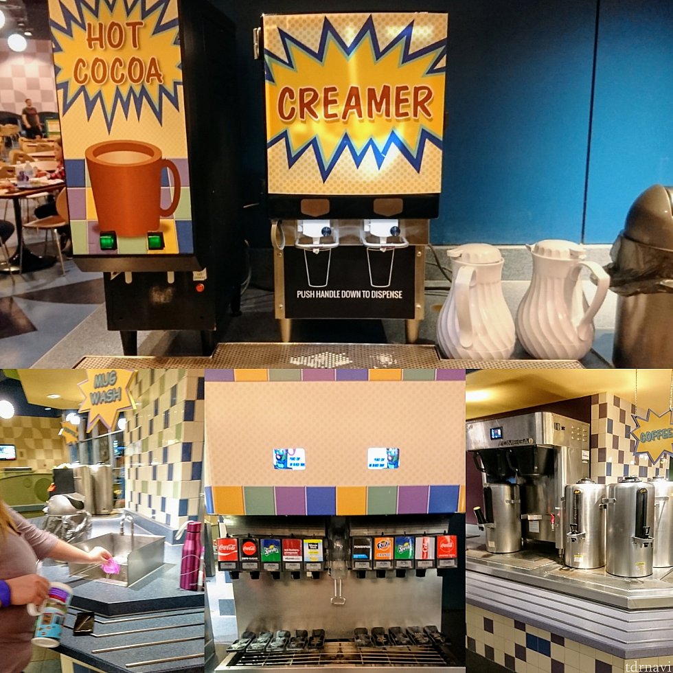 とっても甘いココア。アイスティーもありますが、紅茶のティーバッグも置いてます。
ドリンクコーナーの角には、マグカップを洗うシンク。