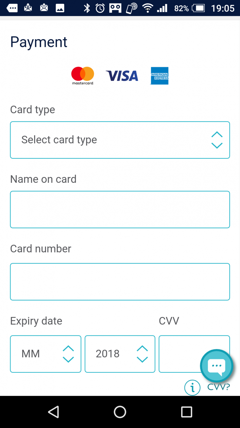 支払い方法。クレジットカードはVISA Master Amexから選べます。