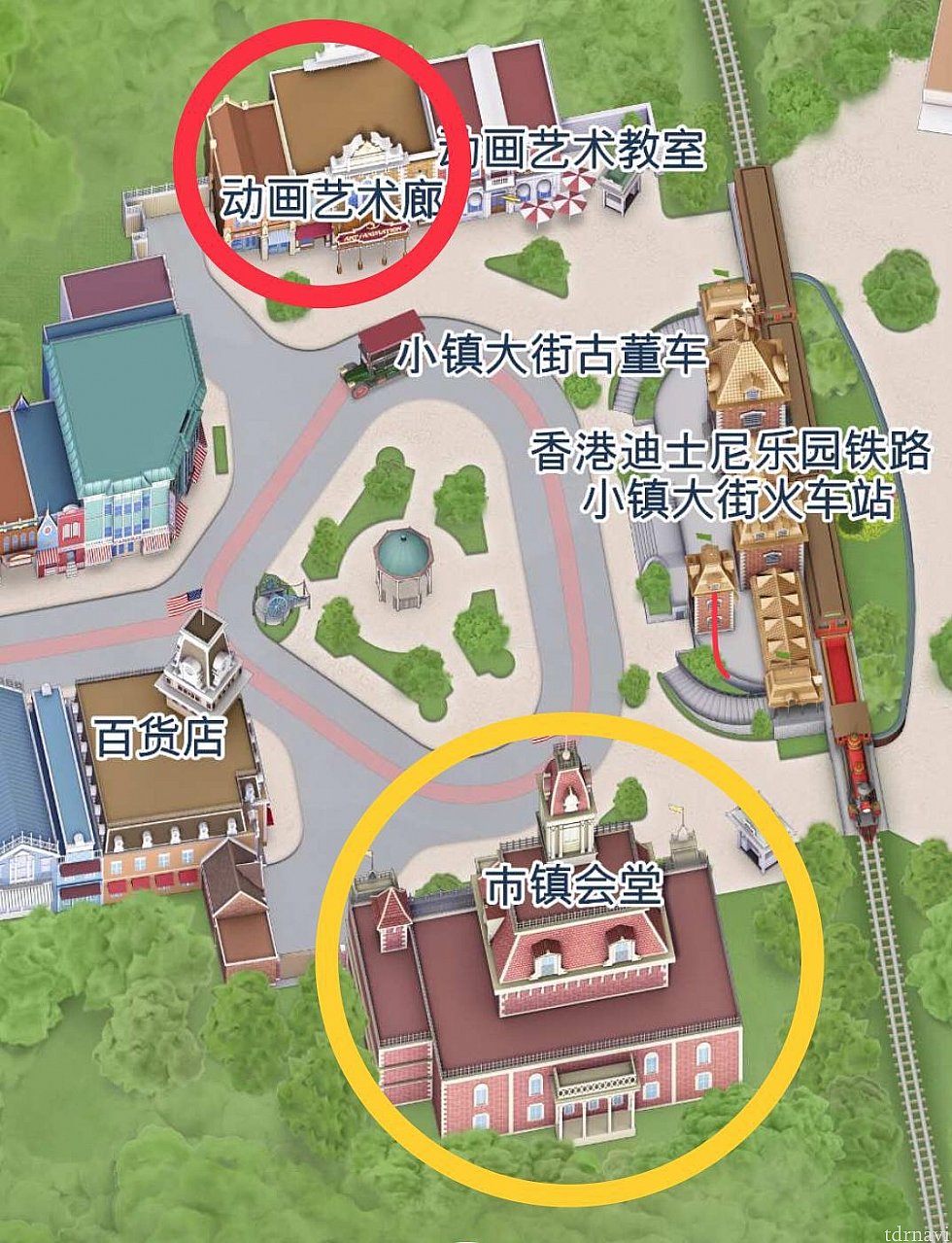 赤丸がアートオブアニメーション、黄丸がシティホールです。