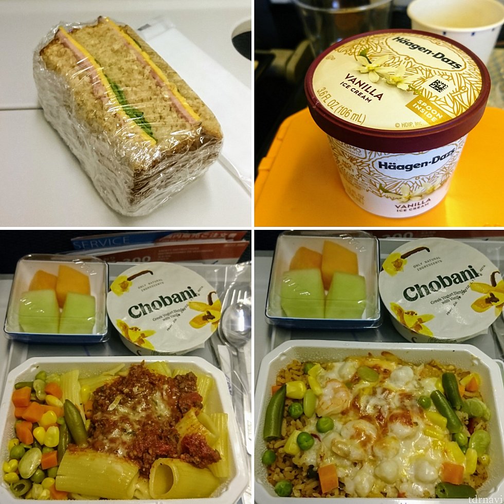 【左上】間食のサンドイッチ
【右上】デザートのハーゲンダッツはアメリカンサイズ
【左下】ボロネーゼ
【右下】メキシカンライス