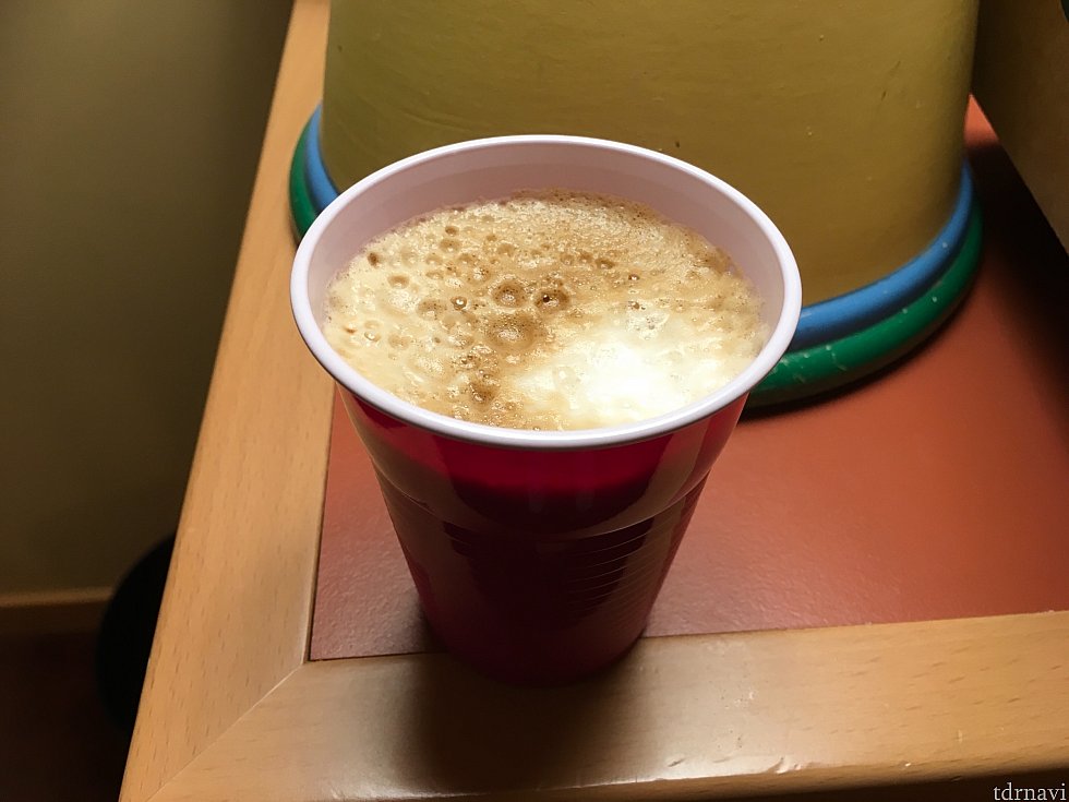 カプチーノを頼んだらこんな感じに出てきました。プラスチック製カップなので、とにかく熱くて持てません。ご注意を…!