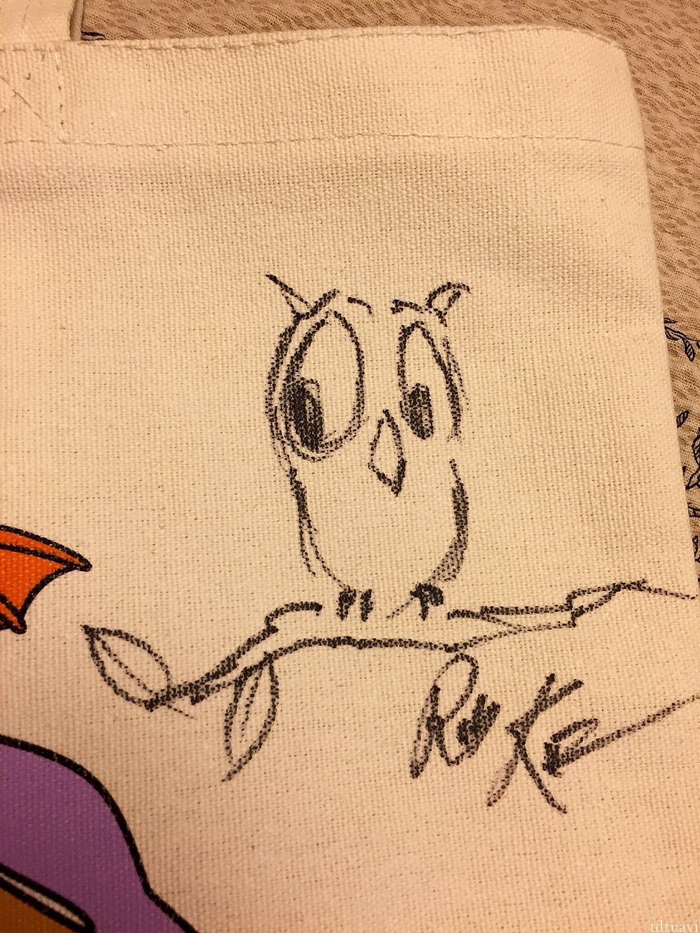 彼にはディズニーキャラクターではなく、彼のオリジナルキャラクターでもあるフクロウを描いていただきました。